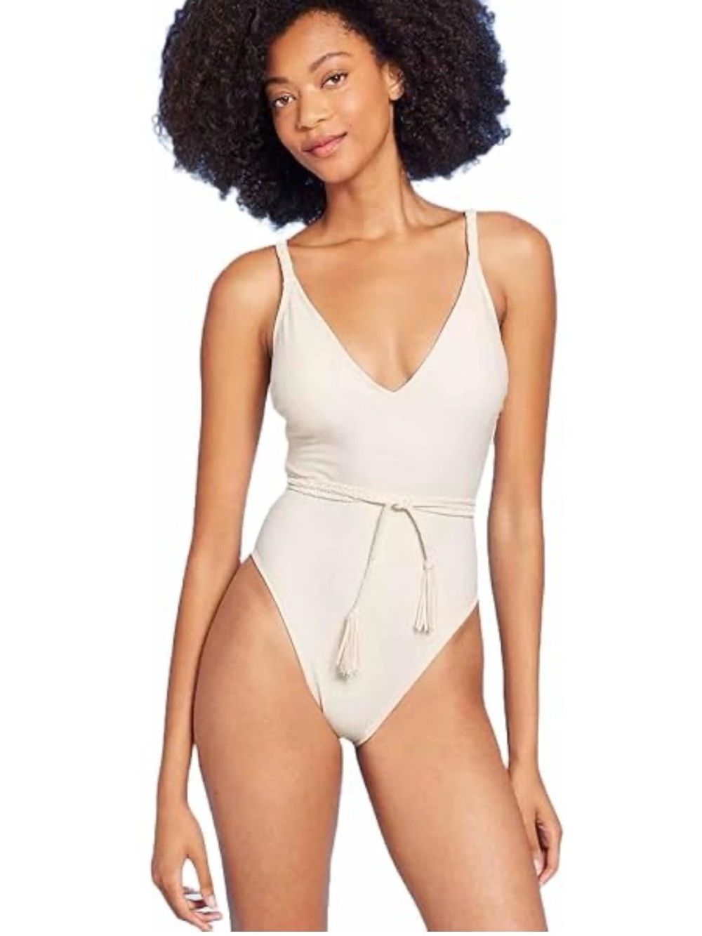 Shade & Shore Cream V-Neck One-Piece Swimsuit with Waist Tie